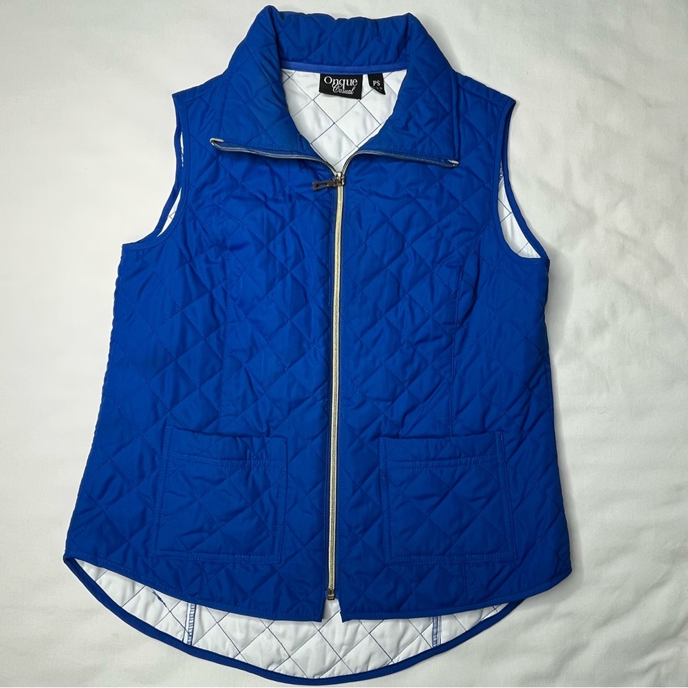 Onque Casual Women’s Full Zip Royal Blue Pockets Quilted Vest Size Petite Small